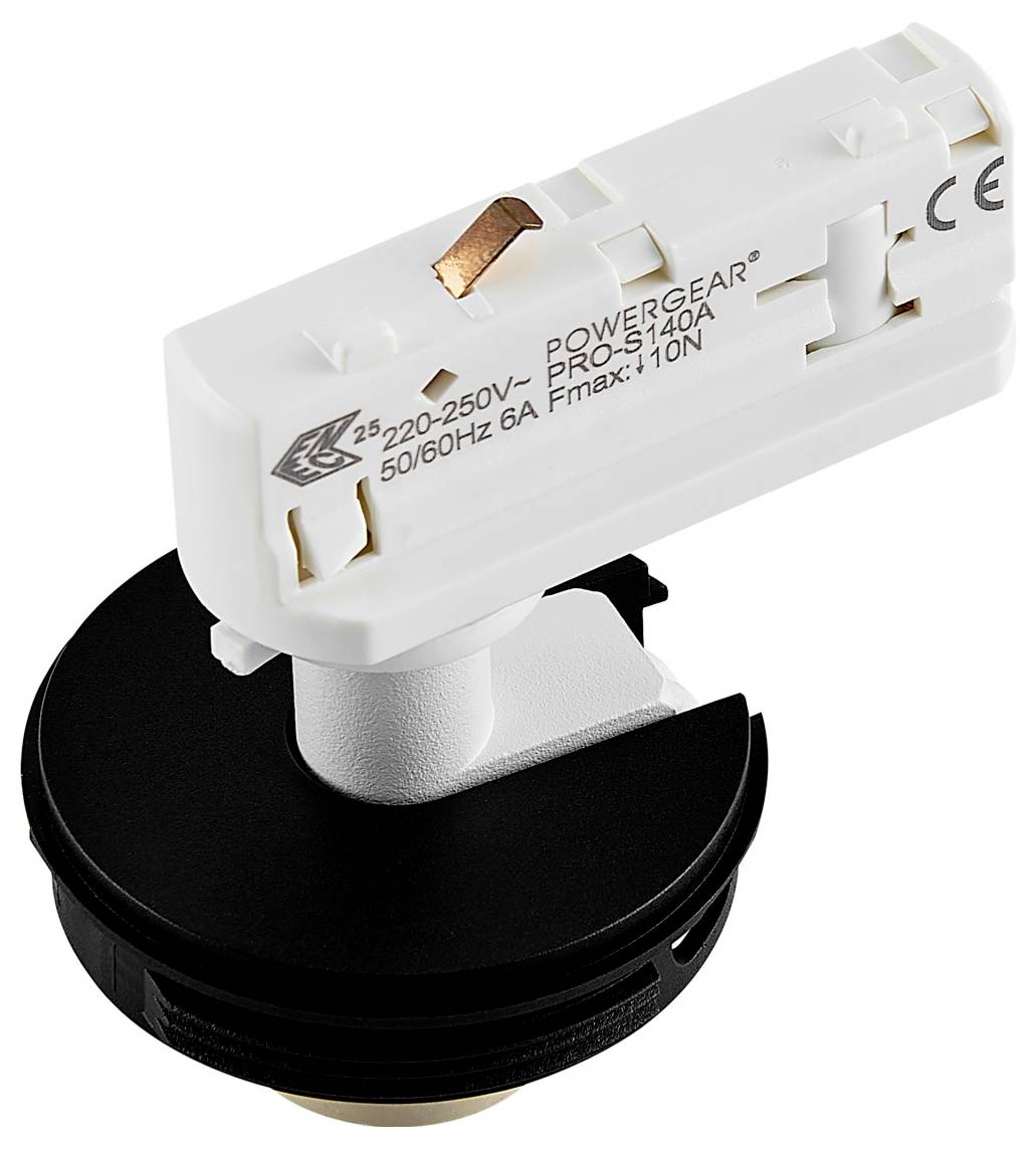 Witte elektrische railverlichtingsadapter gemonteerd op een zwarte ronde voet, met het opschrift 'POWERGEAR PR-160A' en CE-markering.