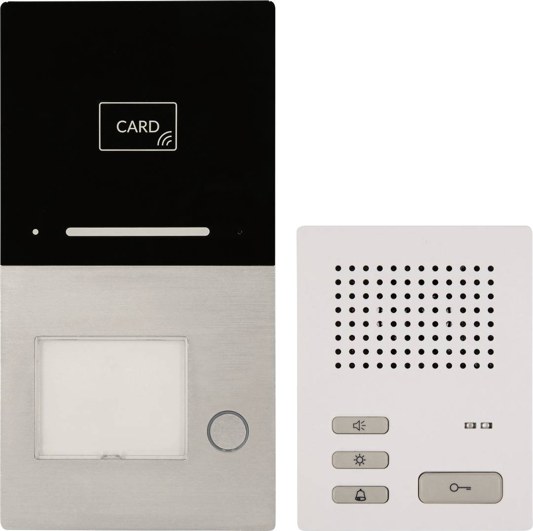 Een op kaarten gebaseerd intercomsysteem met een zwart displaypaneel en een apart wit spreker-/controleapparaat met bel-, licht-, slot- en sleutelknoppen.
