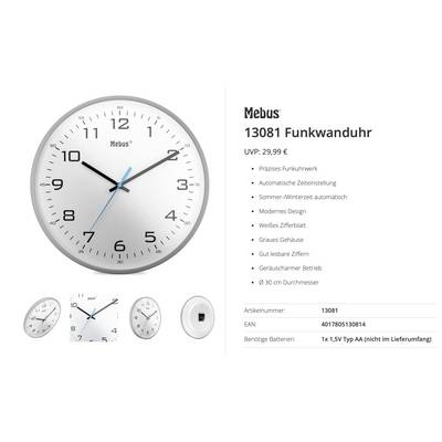 Productafbeelding van een Mebus 13081 radiogestuurde wandklok met wit gezicht en grijze lijst, plus Duitse productdetails en kenmerken ernaast vermeld.