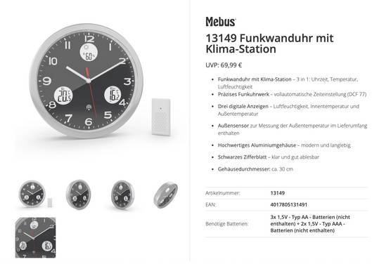 Mebus 13149 Zendgestuurde klok Zendergestuurd 30 cm  Aluminium Slepend uurwerk (geluidsloos)