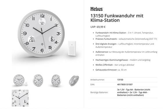 Mebus 13150 Zendgestuurde klok Zendergestuurd 30 cm  Aluminium