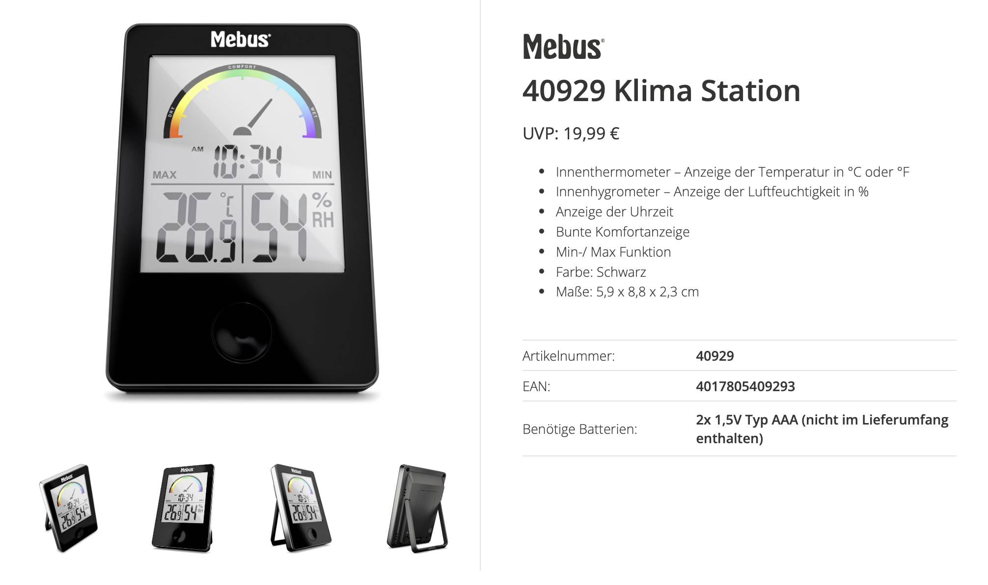 Mebus 40929 Thermo- en hygrometer Zwart