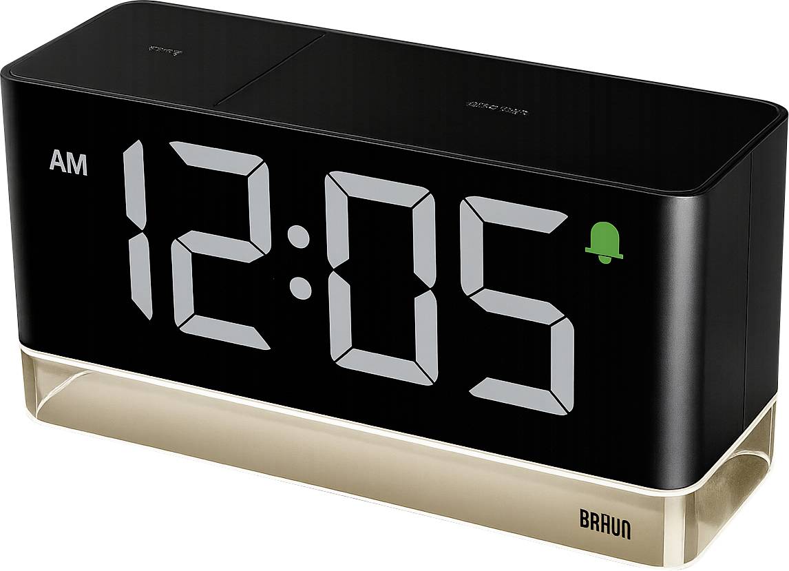Zwarte Braun digitale wekker die 12:05 AM weergeeft met een groen alarmicoon, op een gouden voet.