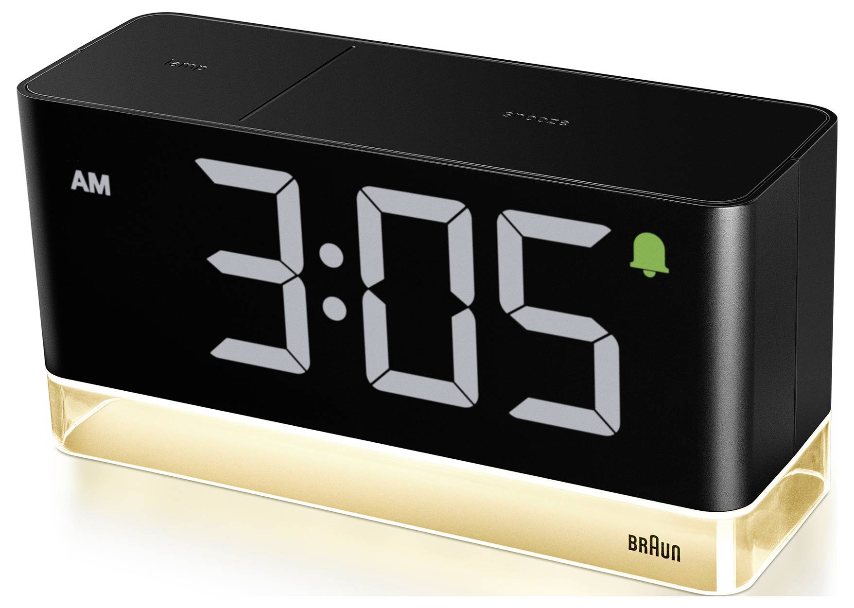 Zwarte Braun digitale wekker met weergave van 3:05 uur, met een groen alarmicoon en amber basisverlichting.
