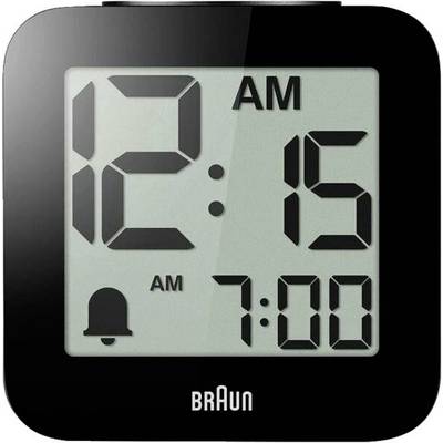 Digitale Braun wekker die 12:15 uur 's nachts aangeeft, met alarm ingesteld voor 07:00 uur.
