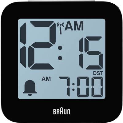 Zwart Braun digitaal wekkerklokdisplay toont 12:15 AM, wekker ingesteld voor 7:00, met zomertijaanduiding en belpictogram.