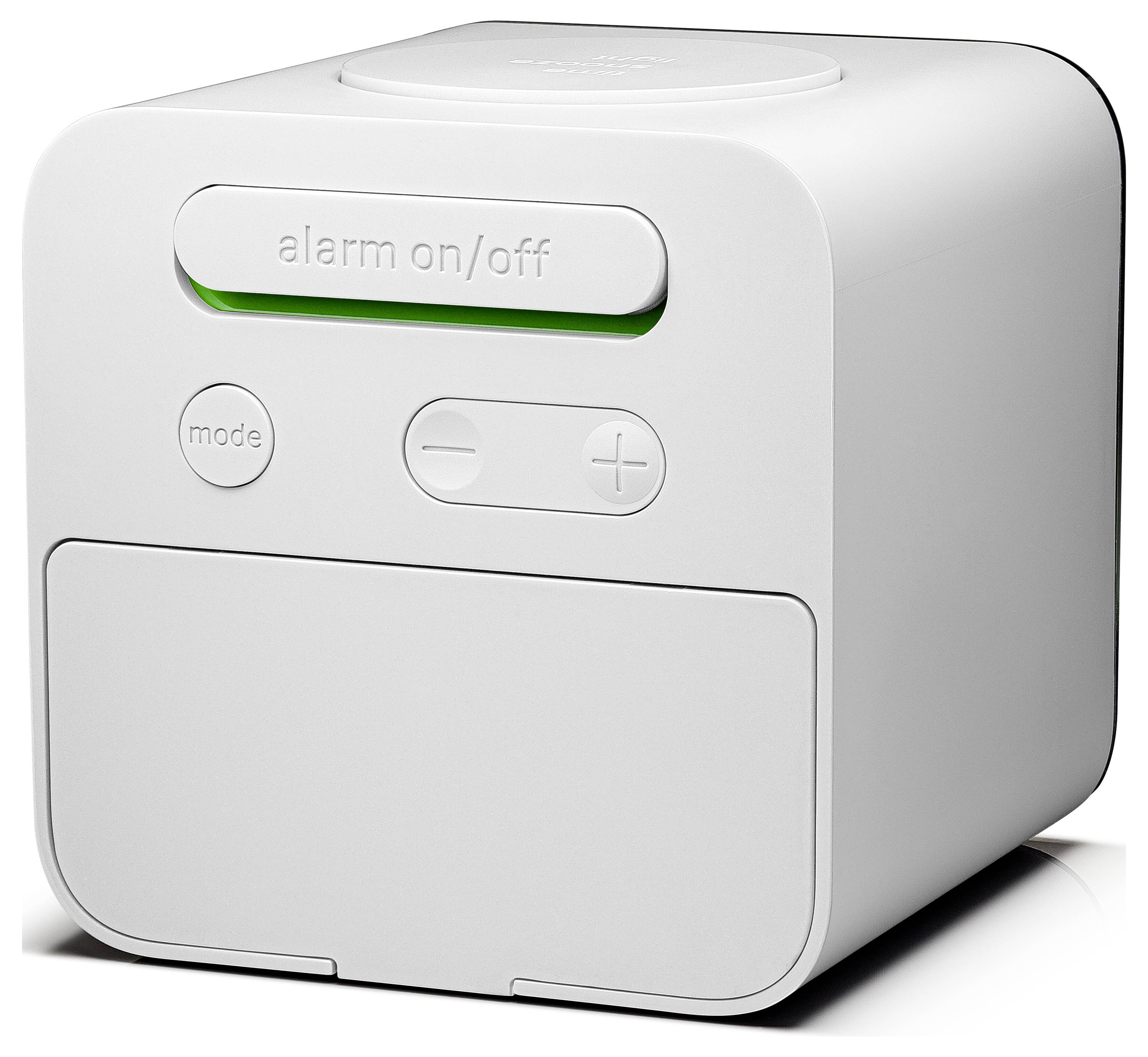 Witte kubusvormige wekker met aan/uit-knop voor het alarm, modus- en plus/minus-knoppen aan de voorkant.
