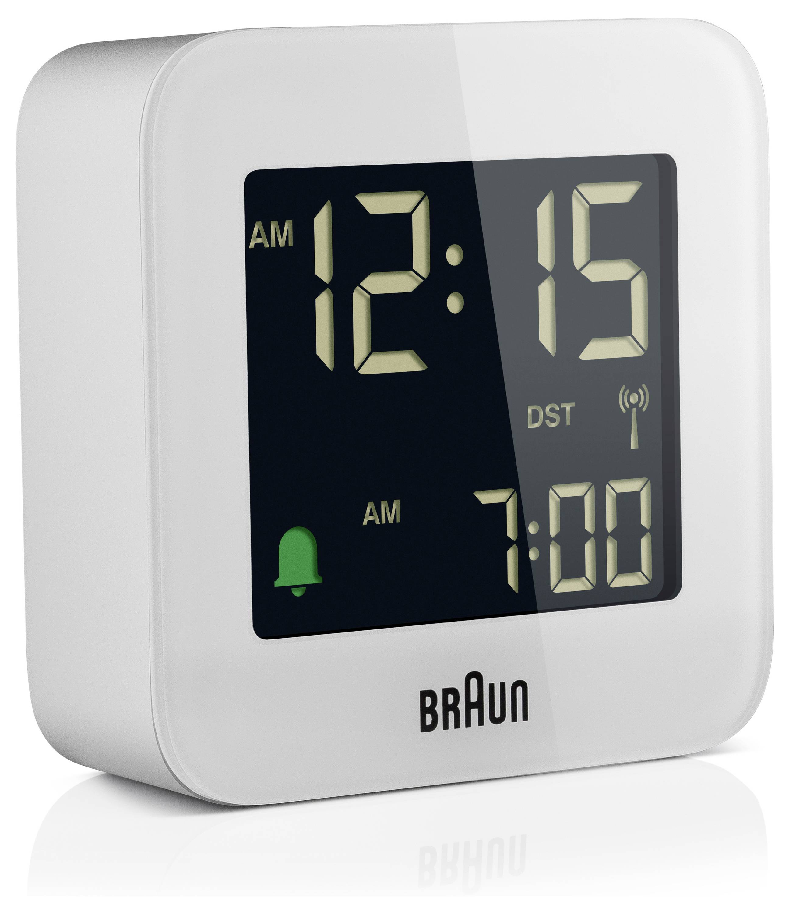 Witte Braun digitale wekker toont 12:15 AM, met alarm ingesteld op 7:00 en zomeraanduiding op het display.