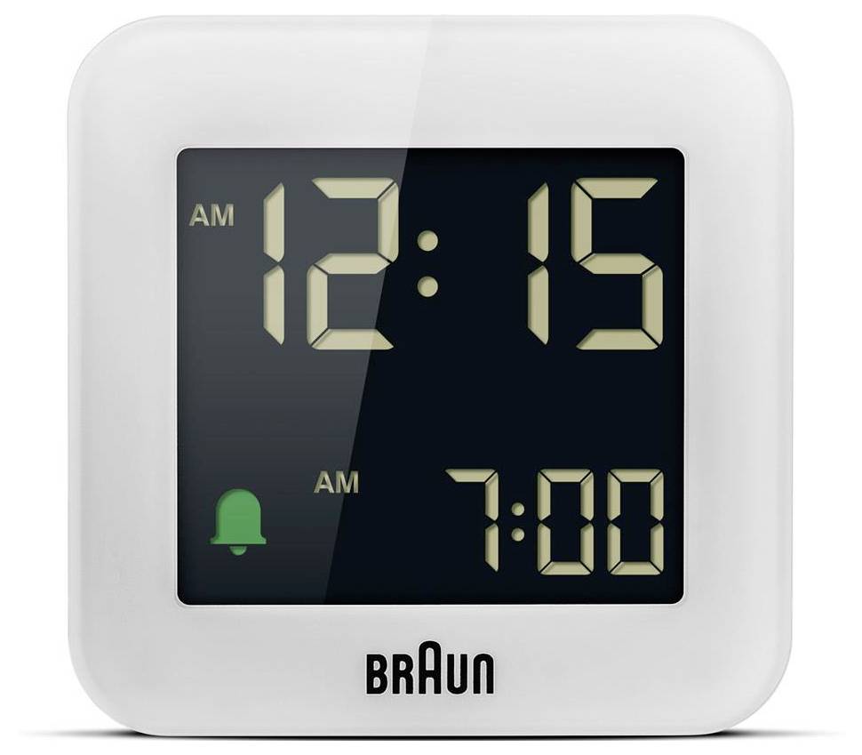 Vierkante Braun digitale wekker met weergave van 12:15 AM met een groen alarmicoon en een tweede alarm ingesteld op 7:00 AM.