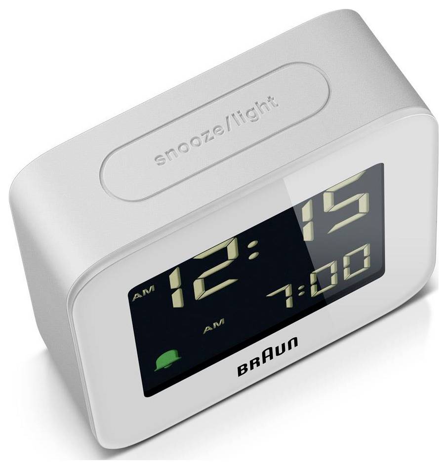 Witte Braun 'SnoozeLight' digitale wekker met weergave van 12:15 's nachts en een alarmtijd van 7:00.