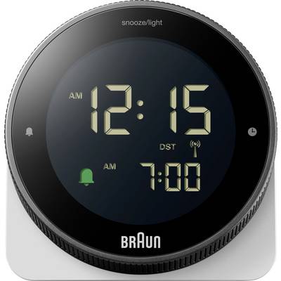 Braun rond digitaal wekker op zilveren voet, met weergave van 12:15 uur 's nachts met een tweede wekker ingesteld op 7:00 uur 's ochtends en DST-indicator.