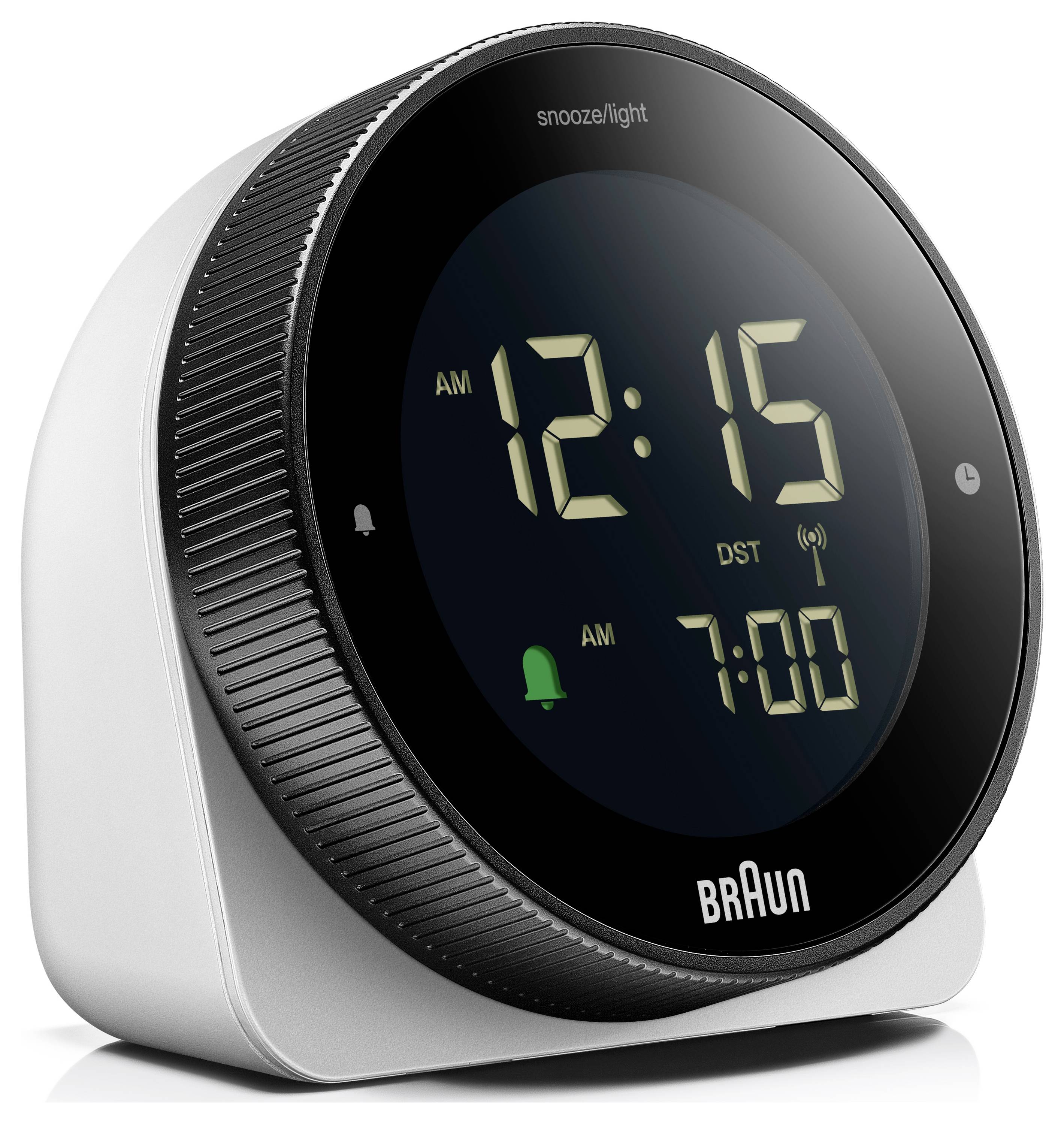 Braun digitale wekker met rond display dat 12:15 uur 's nachts aangeeft en alarm ingesteld op 7:00 uur 's ochtends.