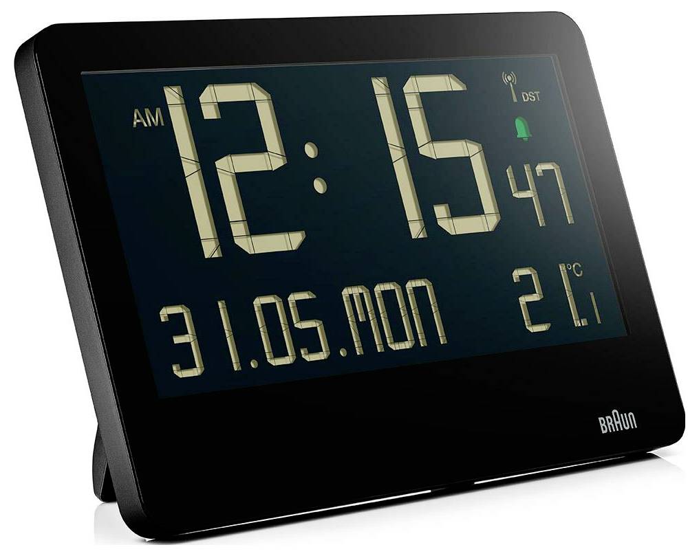 Zwart Braun digitaal klok geeft 12:15 AM weer, datum 31.05.mon, en temperatuur 21°C.
