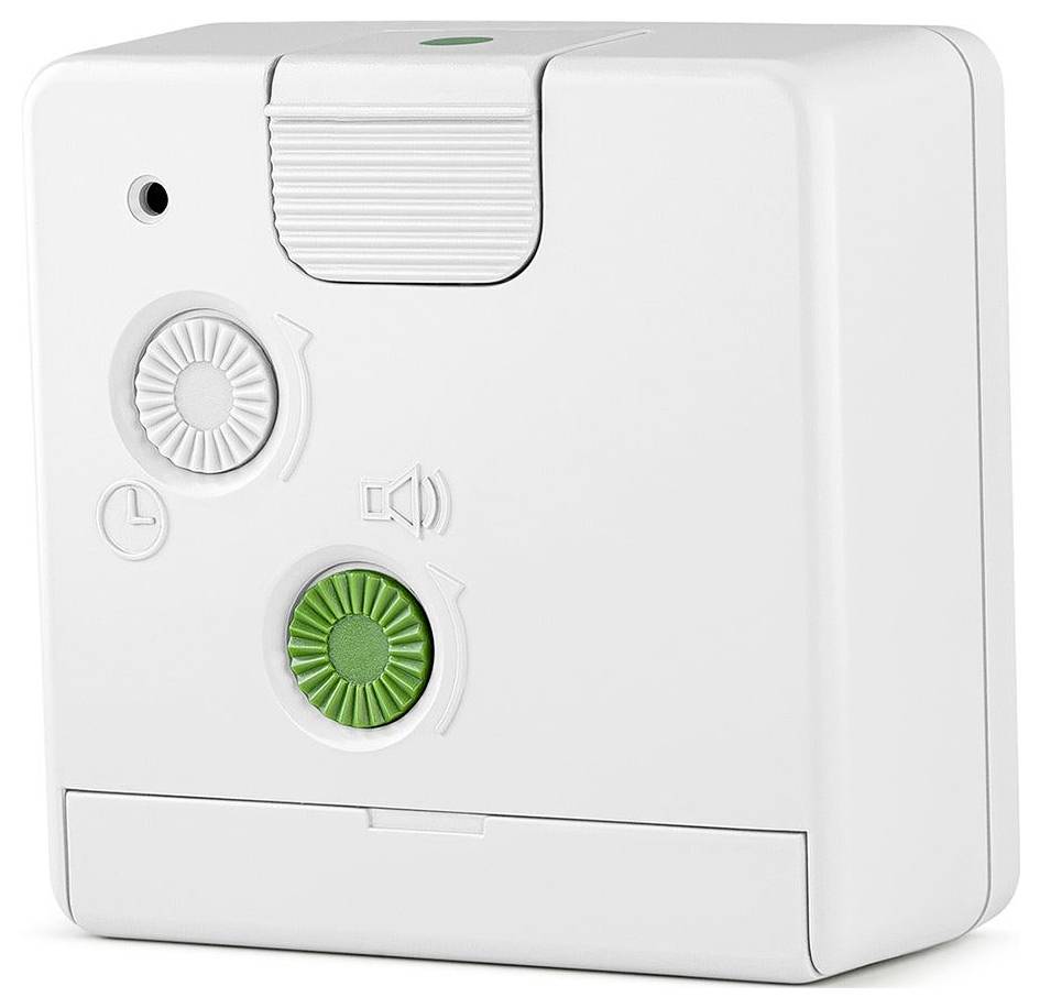 Witte aan de muur gemonteerde bedieningseenheid met twee draaiknopen, een sprekerikoon en een klein statuslampje, waarschijnlijk voor ventilatie of klimaatbeheersing.