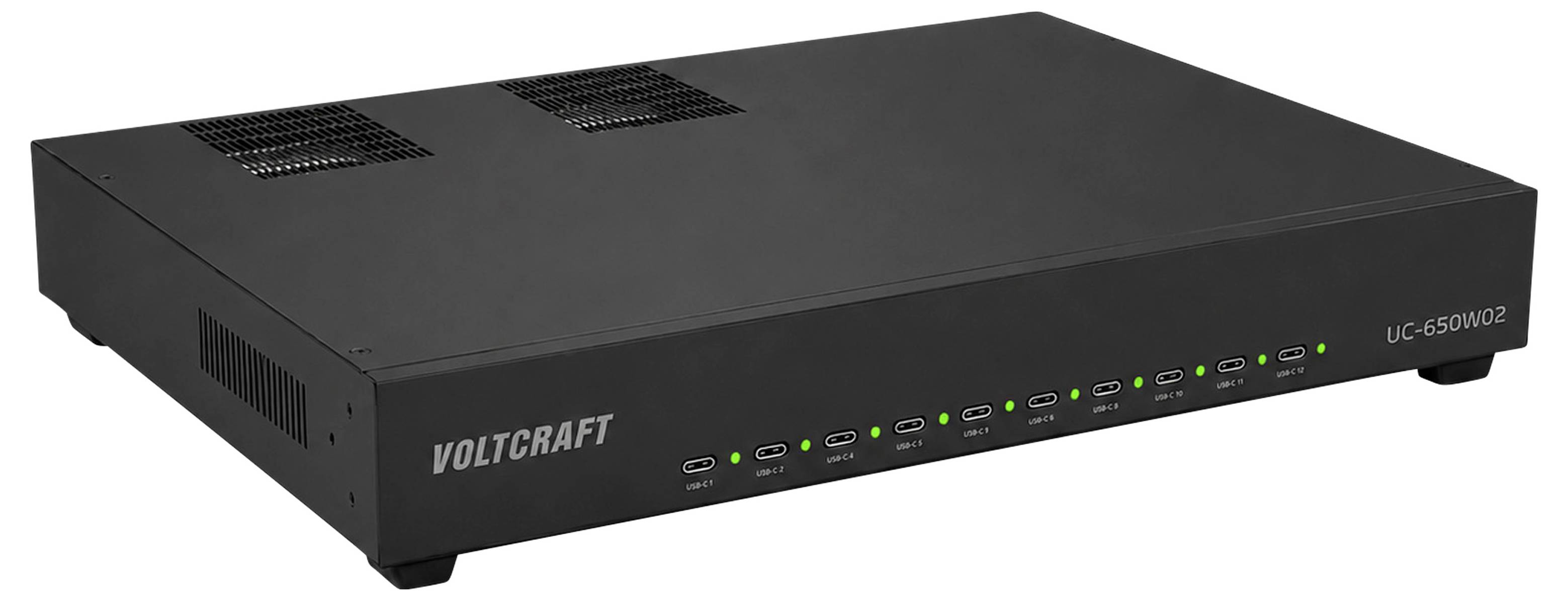 Zwart VOLTCRAFT UC-650W02 rackmontagestyle elektronische eenheid met vooraan geplaatste status-LED's en ventilatiesleuven.