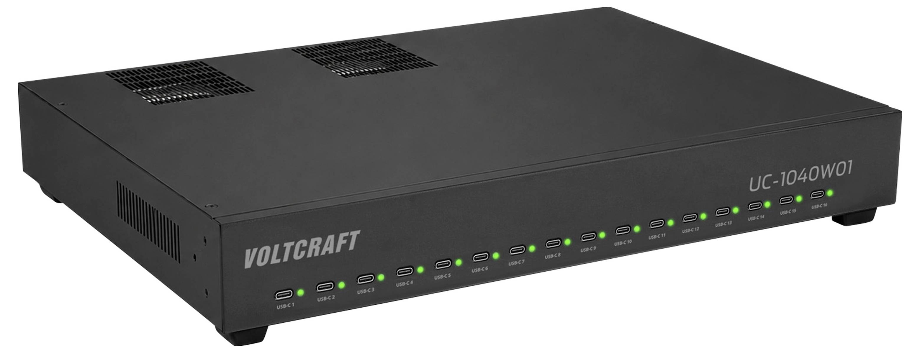Zwart VOLTCRAFT UC-1040W01 rackmount-apparaat met meerdere groene status-LED's over het frontpaneel.
