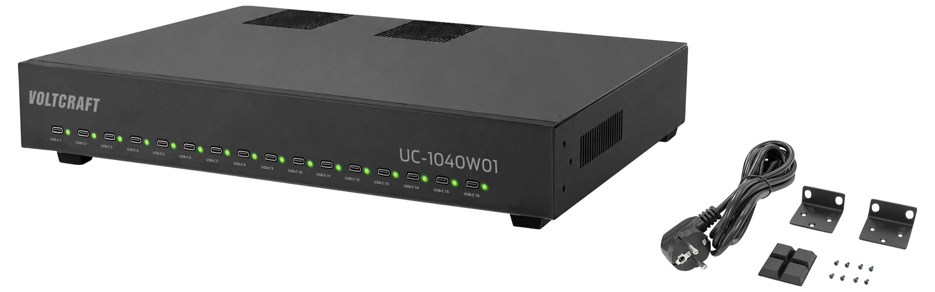 Zwarte VOLTCRAFT UC-1040W01 rackmount laadeenheid met meerdere groene status-LED's, plus stroomkabel en bevestigingsbeugels ernaast weergegeven.