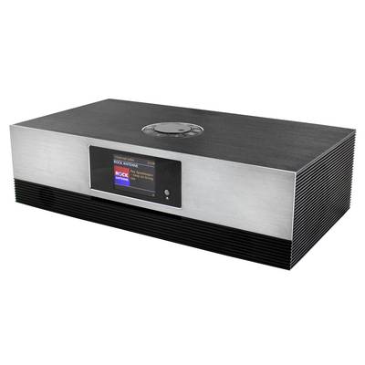 Modern tafeltop stereo radiotuner met geborsteld metalen voorkant, centraal display en zijdelings luidsprekergaas