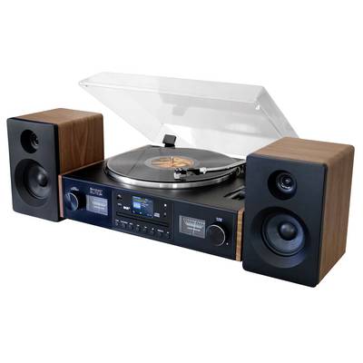 Een vintage-stijl draaitafel stereosysteem met twee speakers met houtafwerking en een transparante stofkap, weergegeven op een witte achtergrond.