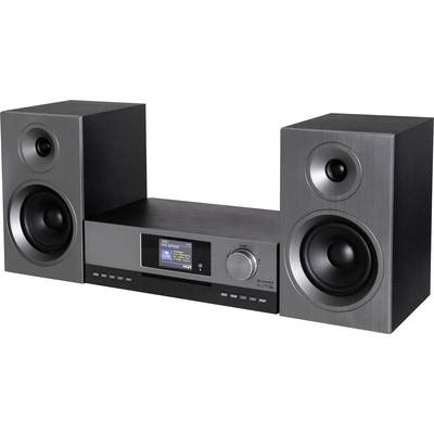 Zwart stereospeakersysteem met twee hoge luidsprekers aan weerszijden van een centrale ontvanger met klein display en bedieningsknop.