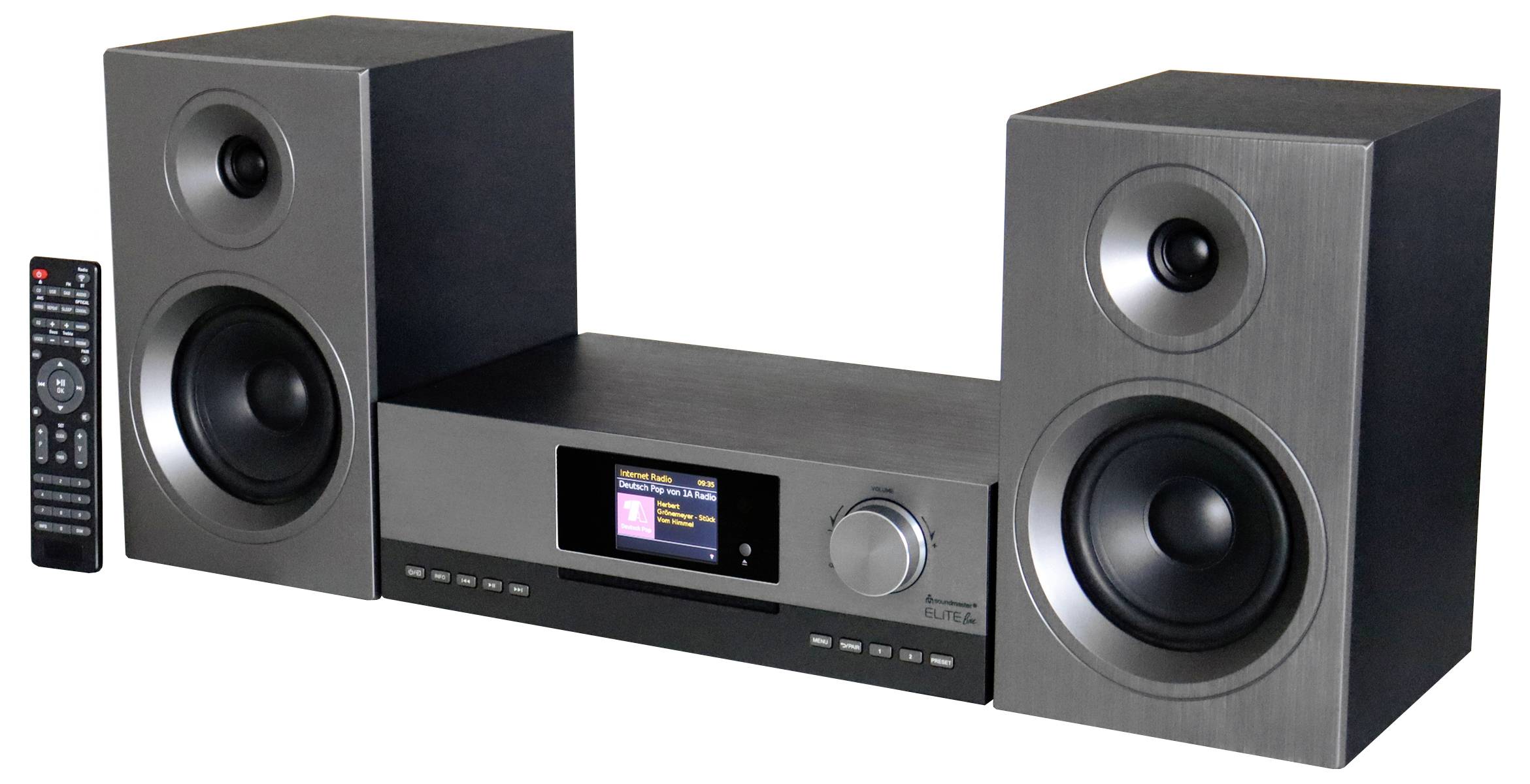 Zwart stereospeakersysteem met twee grote luidsprekers, een centraal bedieningspaneel met display en knop, en een afstandsbediening op een witte achtergrond.
