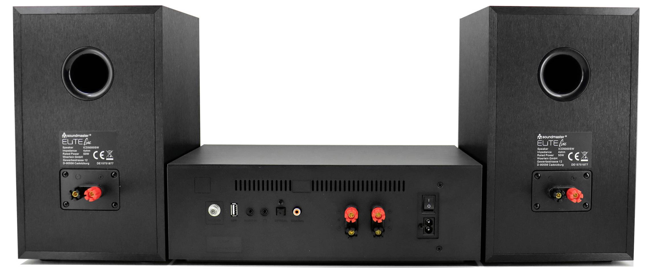 Zwart audiospeakersysteem met twee lange luidsprekers aan weerszijden van een centraal versterkerunit, weergegeven vanaf de achterkant met zichtbare aansluitpoorten en bedieningselementen