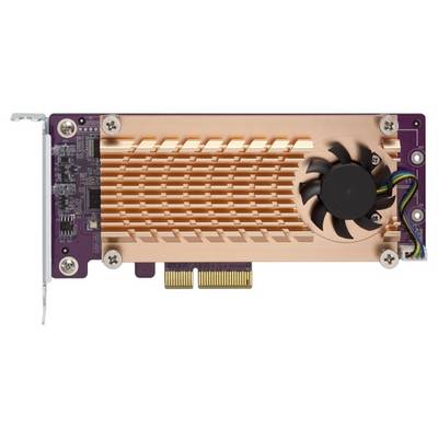 Grafische kaart met koperen koellichaam, kleine koelventilator, PCIe-aansluiting en metalen beugel voor computerinstallatie.
