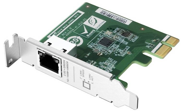 PCI Express Ethernet netwerkadapterkaart met RJ45-poort en metalen beugel, weergegeven op een witte achtergrond.