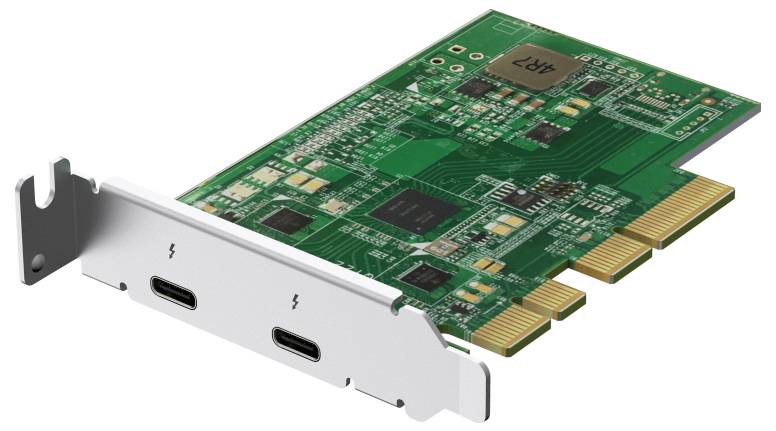 PCIe-uitbreidingskaart met een metalen beugel en twee USB-C-poorten, waarop het printplaat en de goudkleurige randconnector zichtbaar zijn.