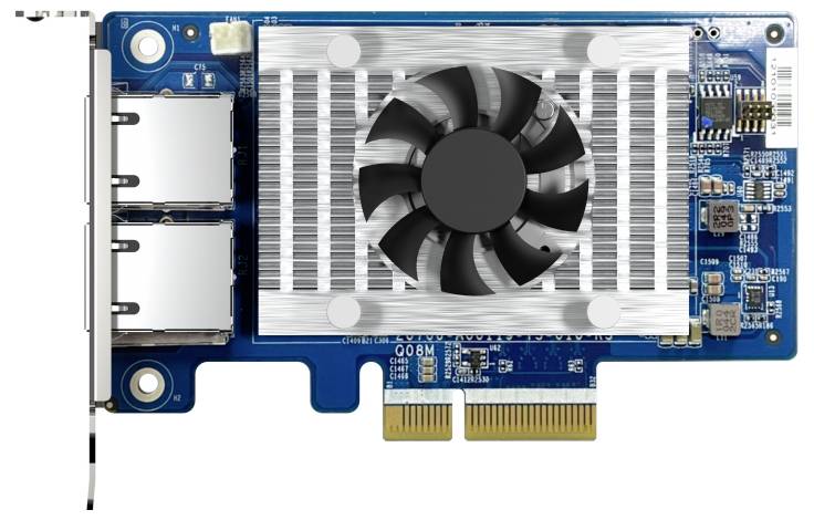 Grafische kaart met een grote koelventilator en warmteafleider, dubbele displaypoorten aan de linkerkant en een PCIe-aansluiting onderaan.