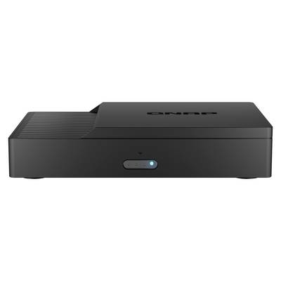 Zwarte GENU versterker of media-unit met een frontale aan/uit-knop en blauw statuslampje, weergegeven op een witte achtergrond.