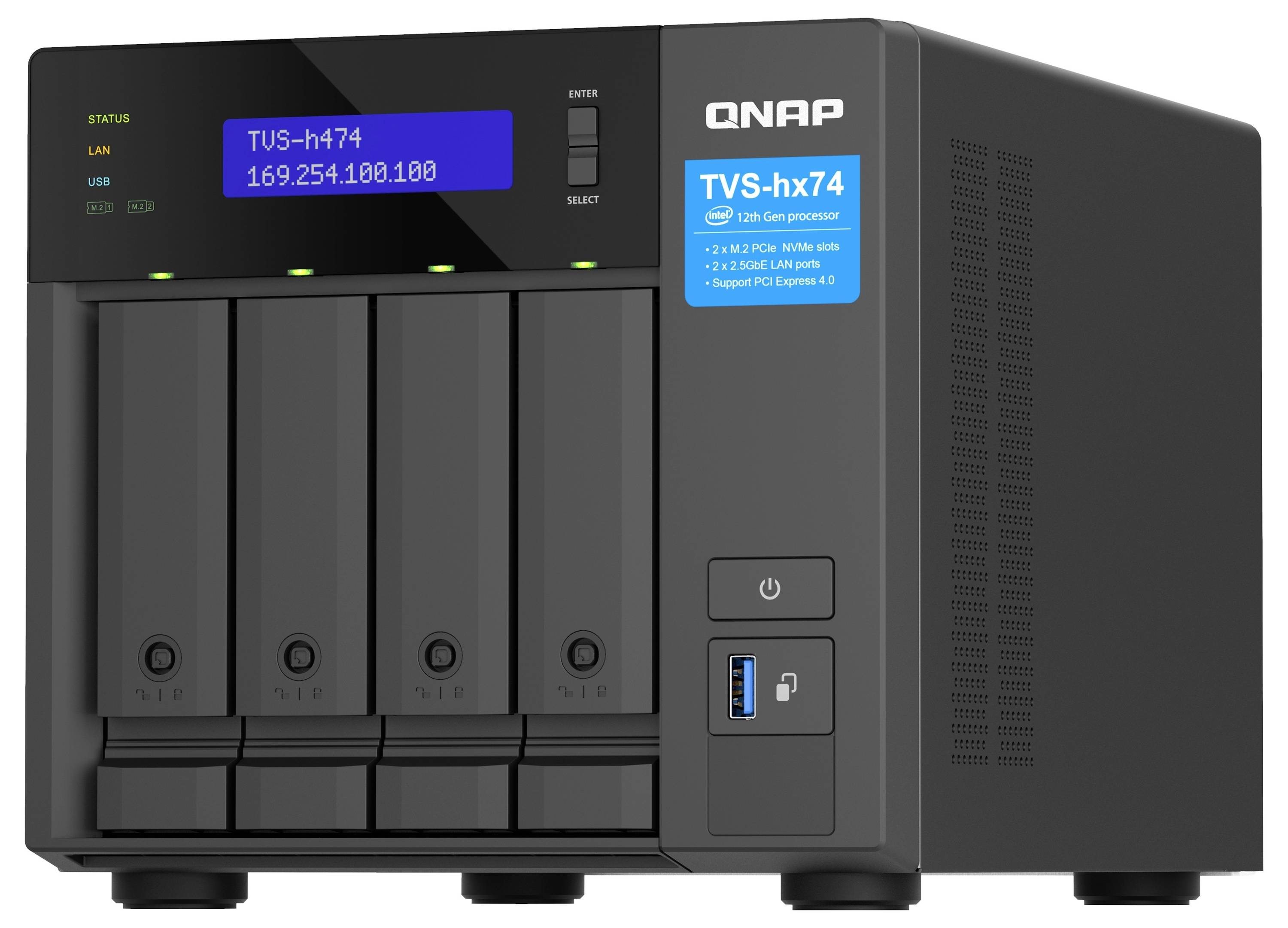 Vooraanzicht van een QNAP TVS-hx74 netwerkopslagapparaat met vier schijfbays, statusweergaven en een aan/uit-knop.