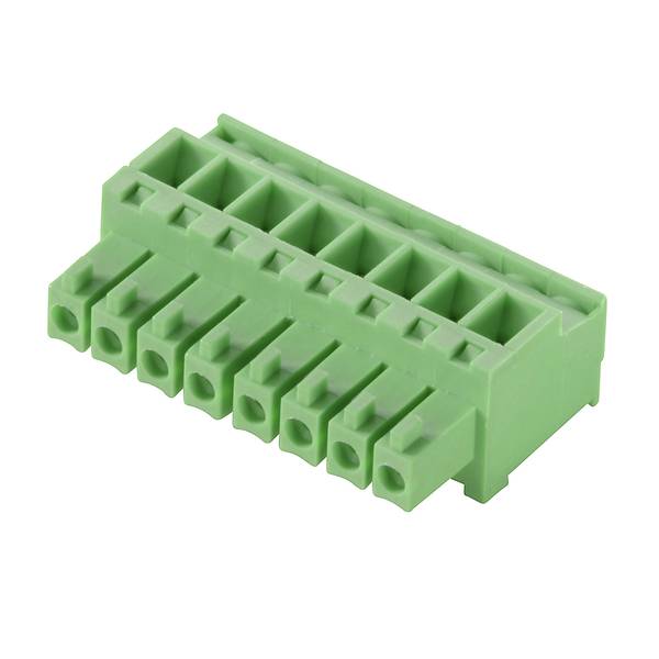 Groene 8-polige schroefklemmenblok-connector met draadingangsgaten op een witte achtergrond.