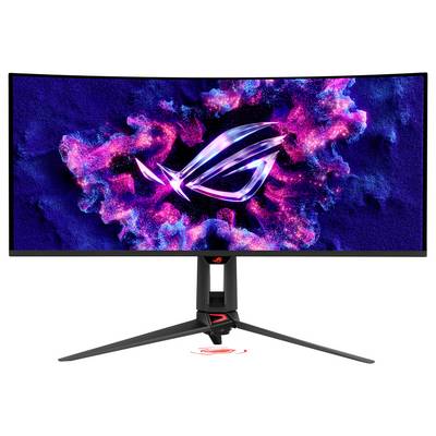 Gebogen gamingmonitor op standaard met een levendig roze en blauw ASUS ROG-logowallpaper op het scherm.