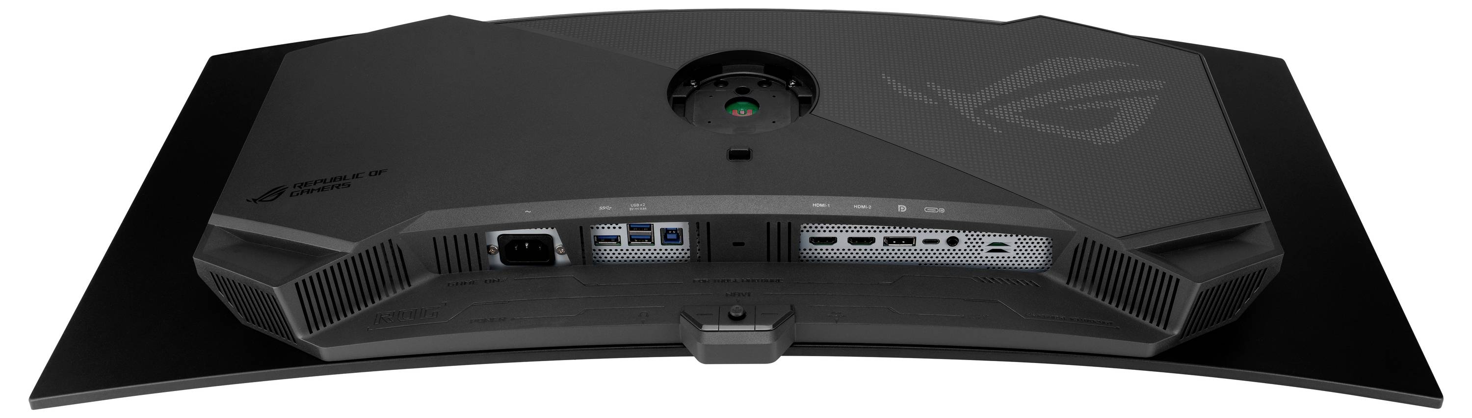 Achterkant van een ASUS ROG-monitor met een centraal standaardmontage, kabelpoorten, ventilatieopeningen en het ROG-logo op het achterpaneel.