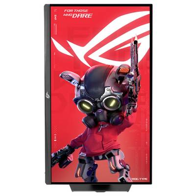 Poster van een futuristisch gepantserd karakter in een rood pak met gloeiende brillen en wapens, op een felrode achtergrond met de tekst 'VOOR DEGENEN DIE DURVEN' en 'ROG TYPE'.