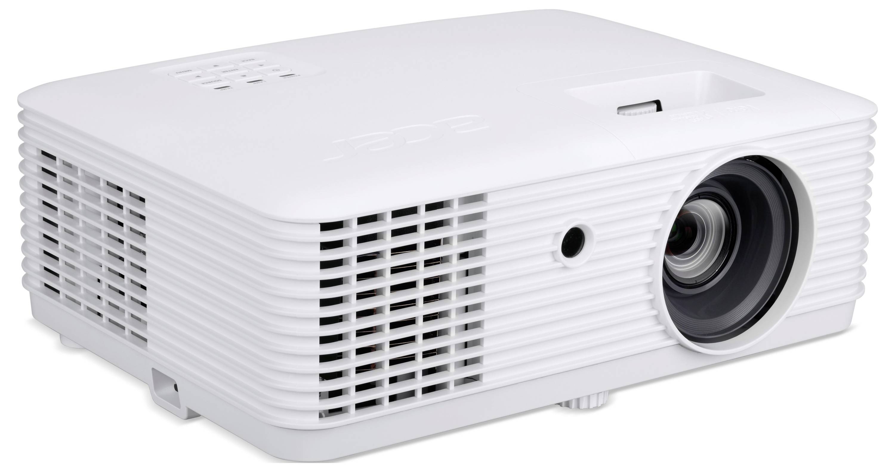 Witte draagbare projector met voorlens en ventilatierooster, weergegeven op een eenvoudige achtergrond.