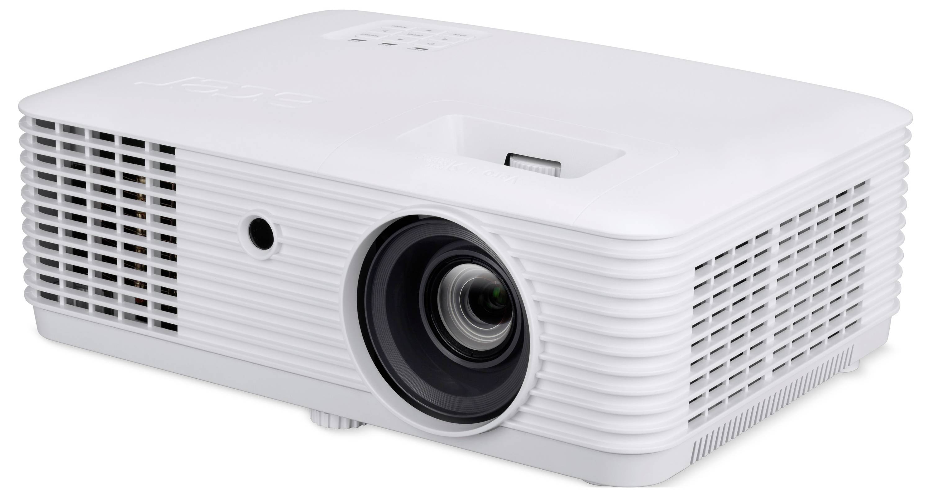 Witte rechthoekige multimediaprojectoren gezien vanuit het front-links perspectief, met een centraal objectief, ventilatieroosters en een slank gegroefde behuizing op een witte achtergrond