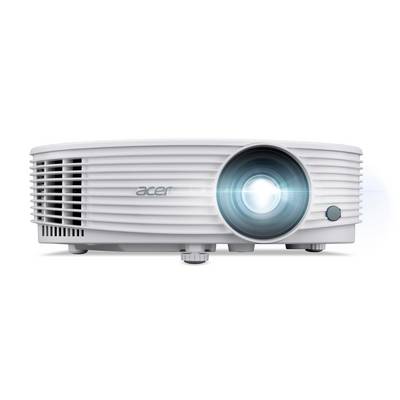 Witte Acer-projector frontaal weergegeven, met grote verlichte lens en ventilatierooster op een witte achtergrond.