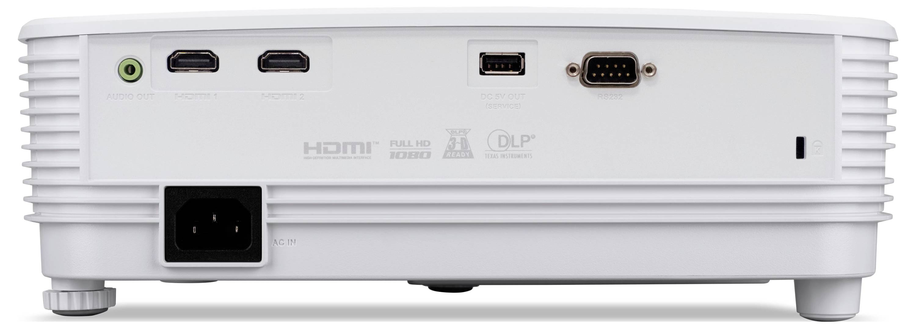 Achterkant van een witte projector met power-ingang, twee HDMI-poorten, USB-poort en VGA-aansluiting voor externe apparaten.