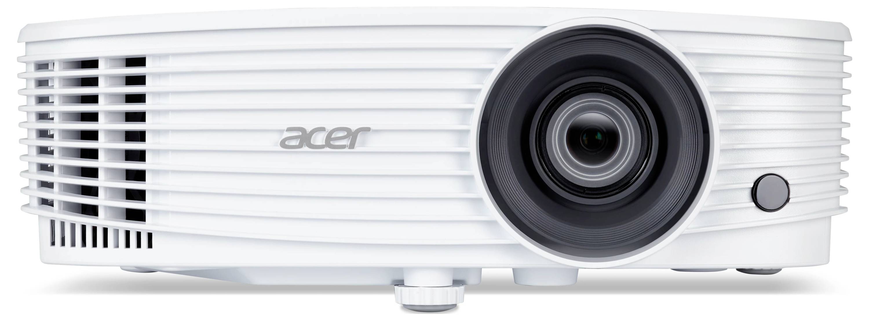 Witte Acer-projector gezien van voren, met een grote lens aan de rechterkant en ventilatiesleuven over het apparaat.