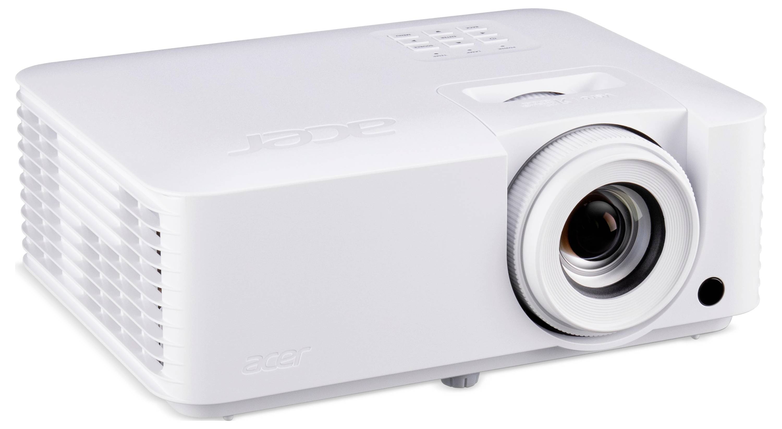 Witte Acer-projector weergegeven in driekwartaanzicht met objectief naar rechts gericht op een effen witte achtergrond.