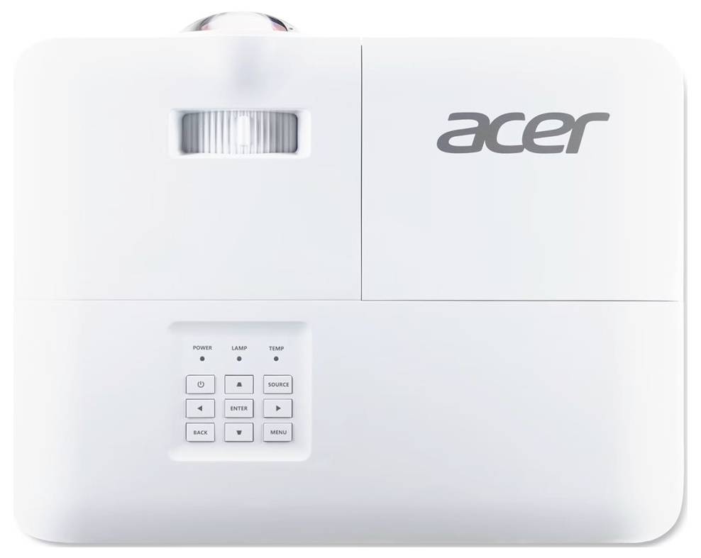 Witte Acer-projector van bovenaf gezien, met lens bovenaan, ventilatieopening en bedieningsknoppen op het frontpaneel.