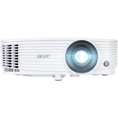 Vooraanzicht van een witte Acer-projector met een gloeiende lens en geventileerde rooster.