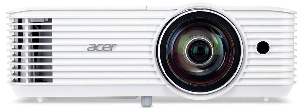 Witte Acer-projector met grote centrale lens en horizontale ventilatiesleuven op het voorpaneel.