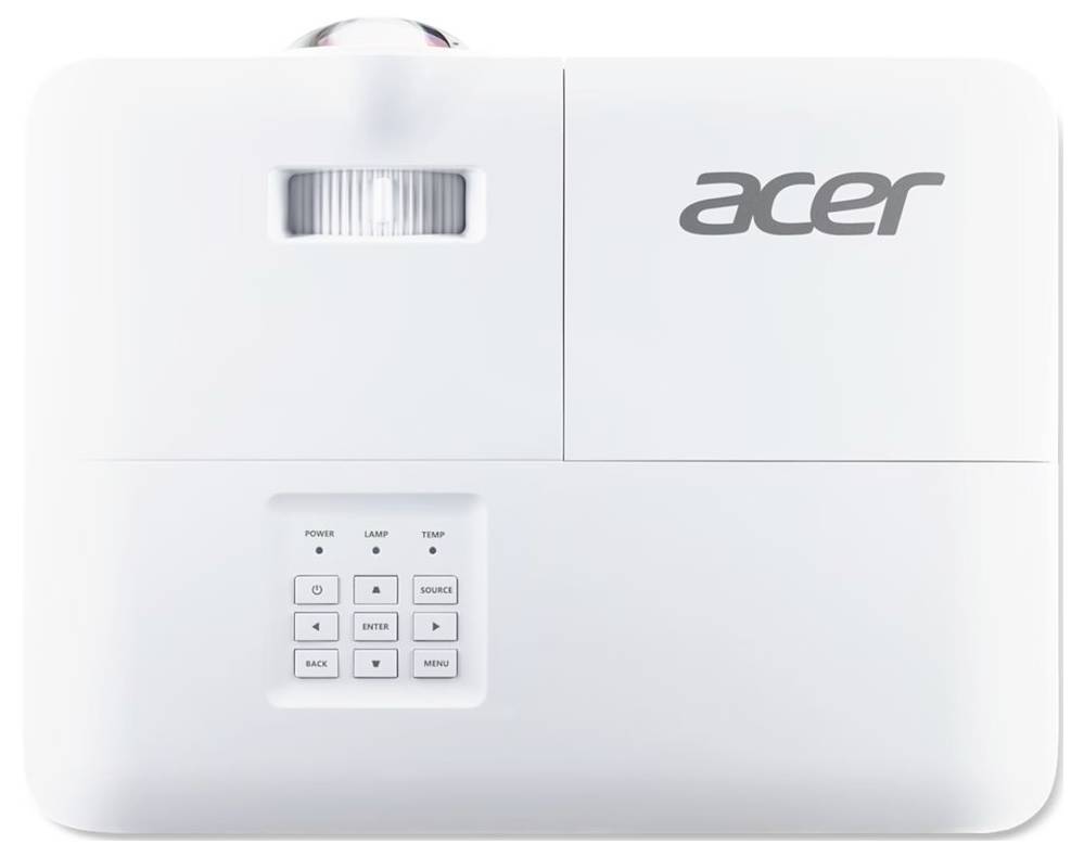 Witte Acer-projector van bovenaf gezien, met lens linksboven en bedieningsknoppen op het voorpaneel.