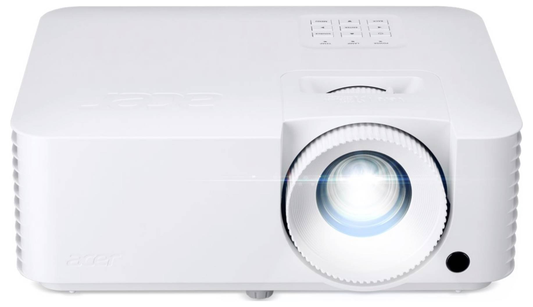 Witte Acer-projector weergegeven in frontaanzicht met lens gecentreerd aan de rechterkant en bedieningsknoppen bovenaan.