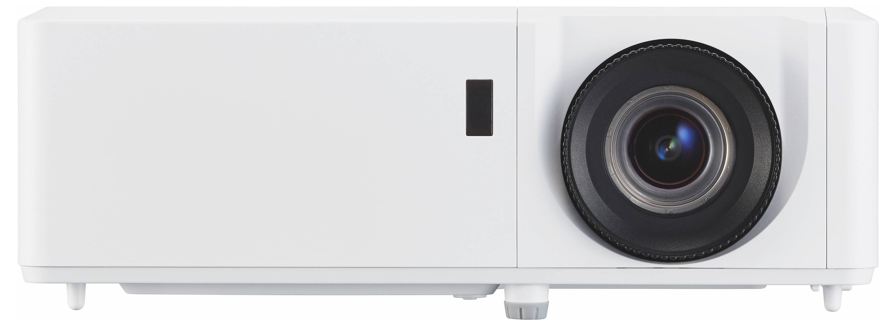 Witte digitale projector met een grote voorlens en klein indicatorpaneel op een effen achtergrond.