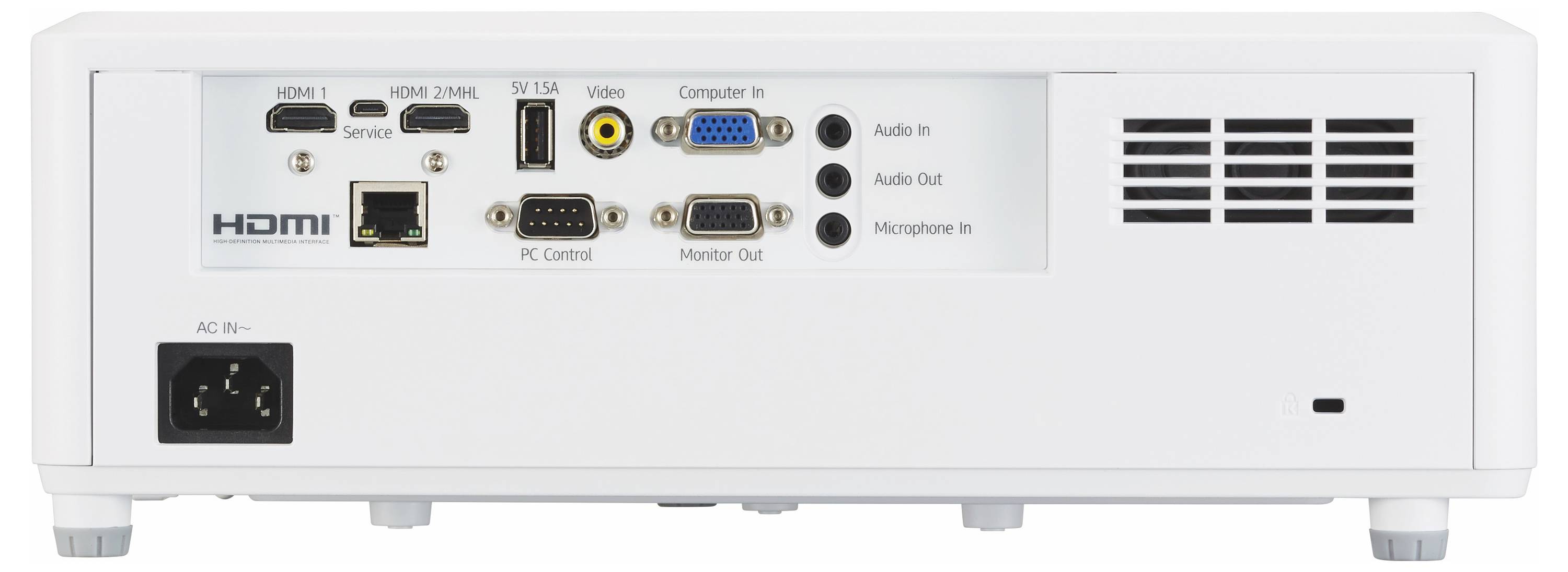 Achterpaneel van een projector met HDMI-, USB-, VGA-, audio-in/uit-, microfoon-, controle- en monitor-uitgangspoorten, plus AC-stroomingangand en ventilatierooster.
