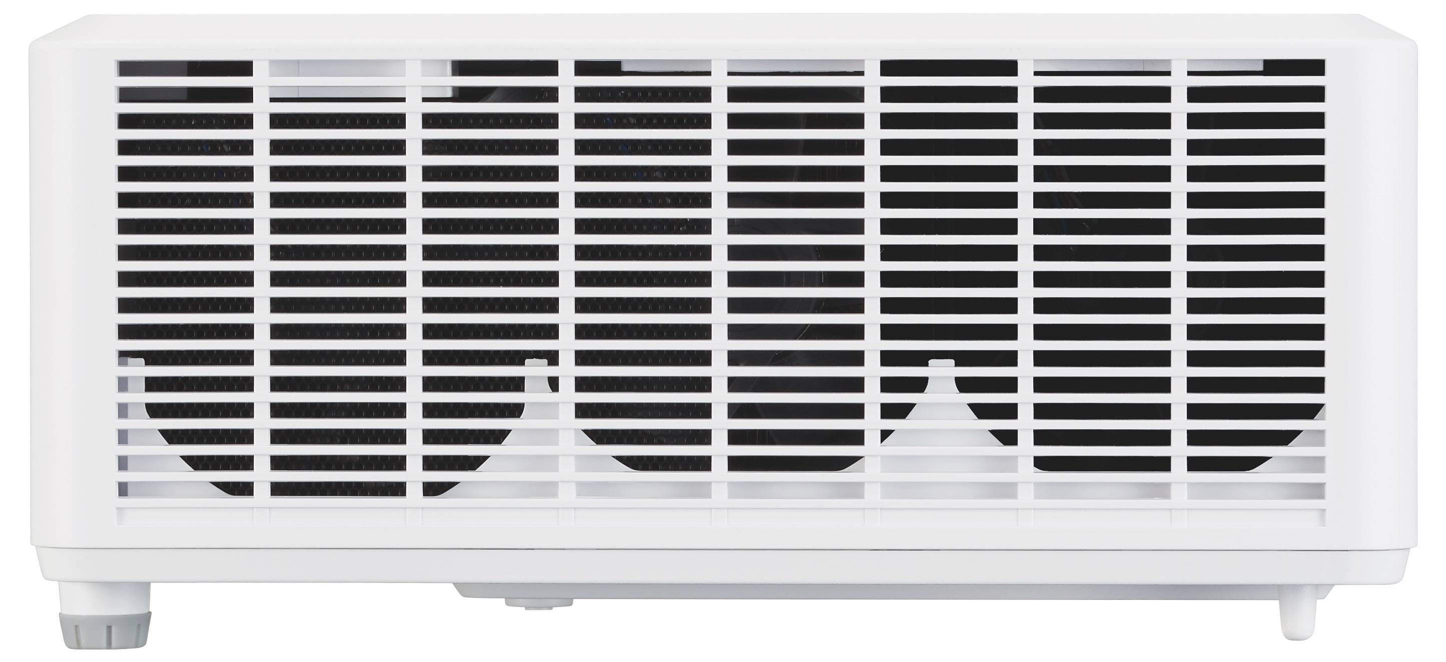 Witte rechthoekige luchtreiniger of raamventilator met horizontale latten en vier voeten, weergegeven in vooraanzicht op een witte achtergrond.